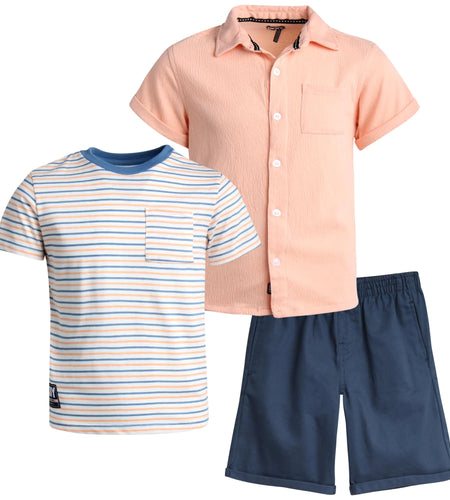 DKNY Boys Short Set - 3 Piece Short Sleeve Button Down T-Shirt and Shorts - Summer Clothing Set for Toddler Boys Size 4 Peach Nectar