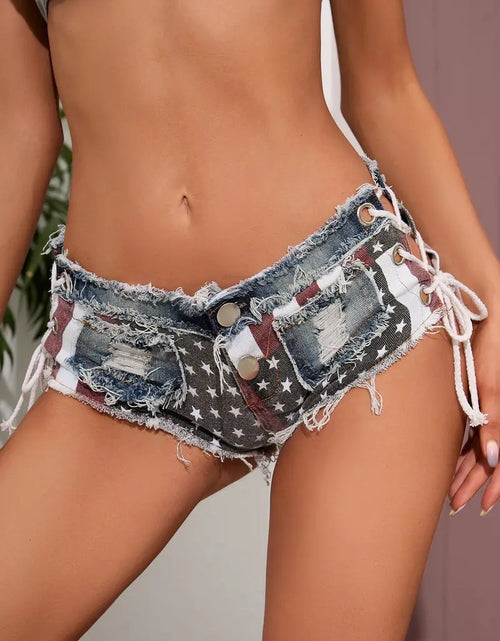 Load image into Gallery viewer, Women's Ripped Denim Mini Shorts with Flag Print
