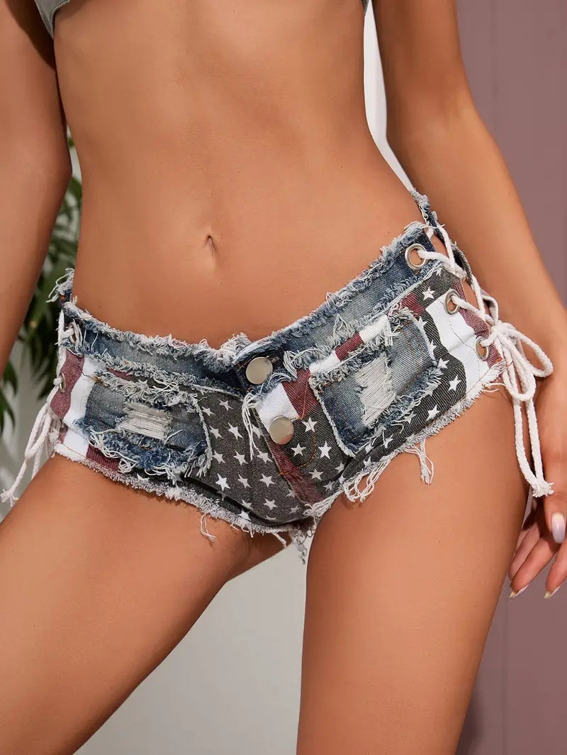 Women's Ripped Denim Mini Shorts with Flag Print