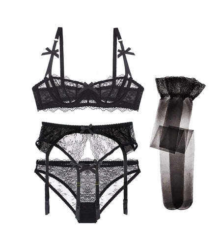 Varsbaby Lace Lingerie Set with Bra, Panties, and Stockings