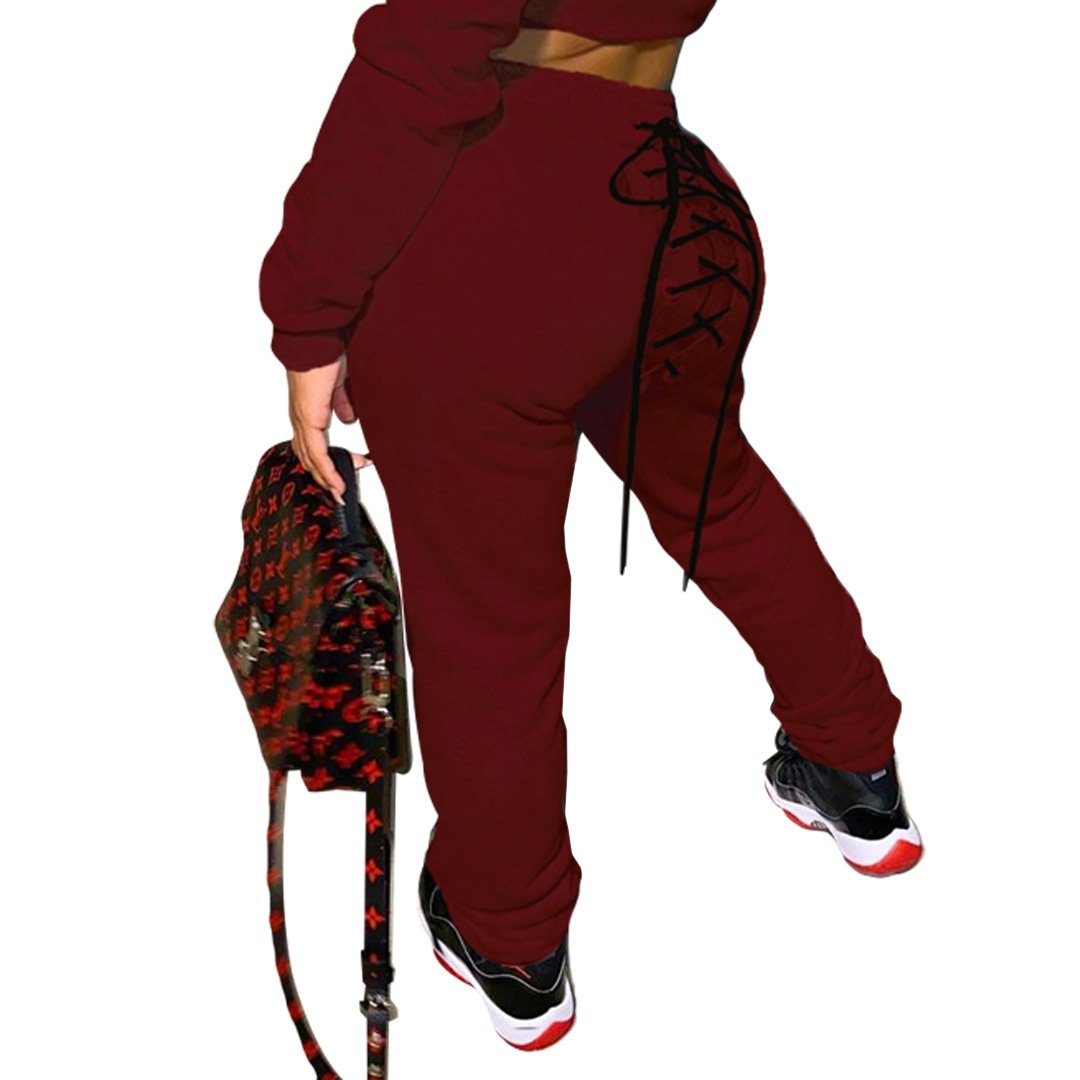 Solid Color Casual Eyelet Sweater and Sweatpants Set