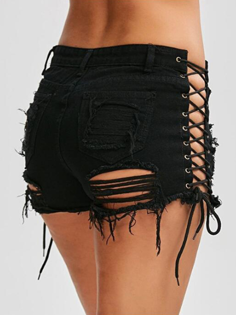 Load image into Gallery viewer, Denim Hot Pants with Eyelet Lace-Up Detail
