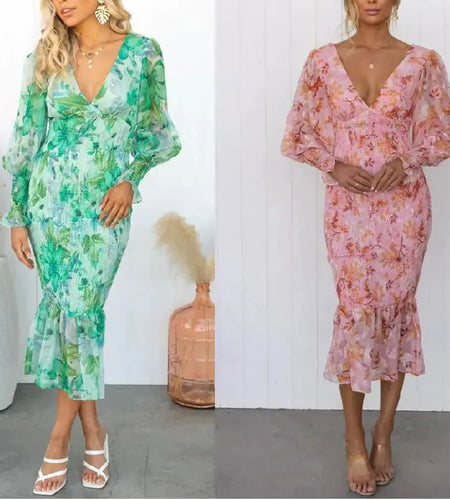 Elastic Waist Long Sleeve V-neck Printed Flounced Skirt Dress