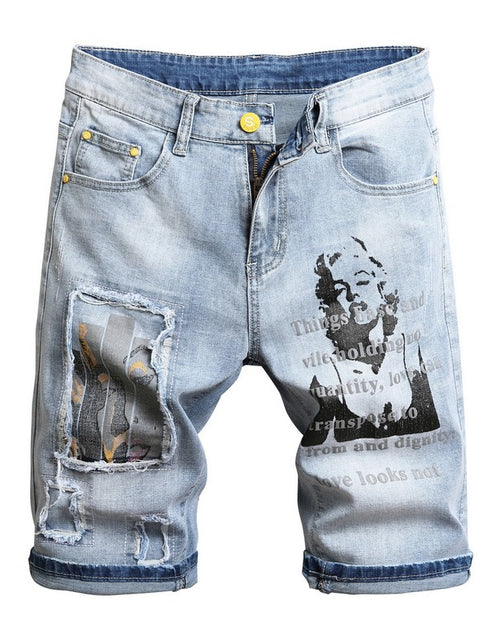 Load image into Gallery viewer, Loose Ripped Denim Shorts with Patch Details
