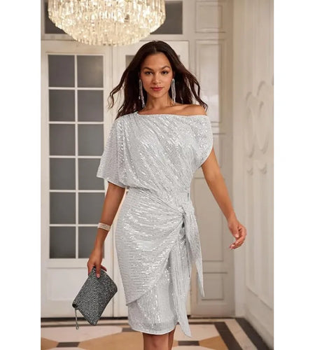 Women's Fashion Shoulder Asymmetric Lace-up Beaded Dress