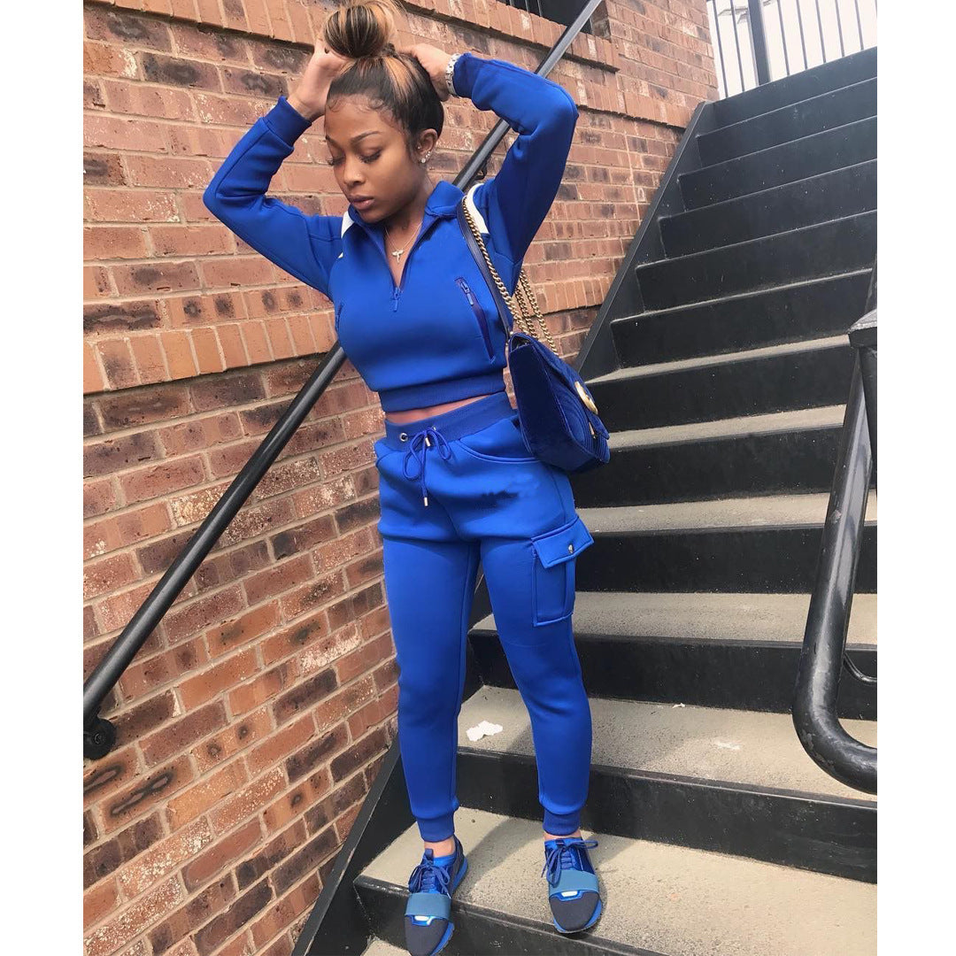 Autumn Winter Women's Color Block Hoodie Set