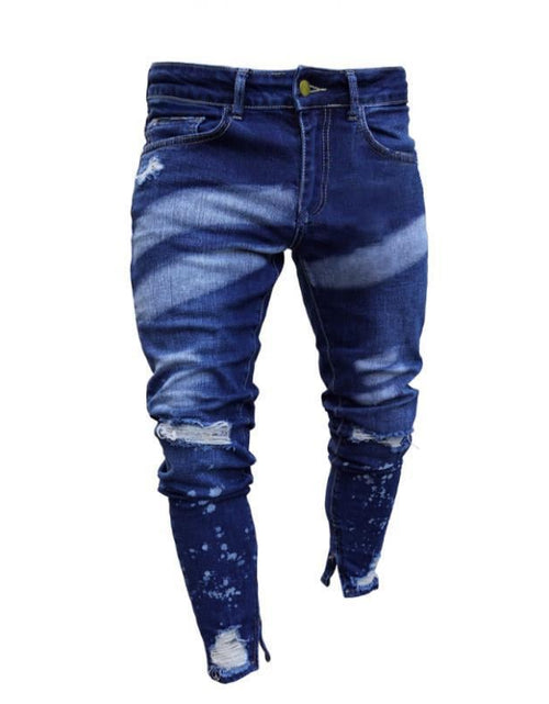 Load image into Gallery viewer, Painted Ripped Denim Pants with Zipper Detail
