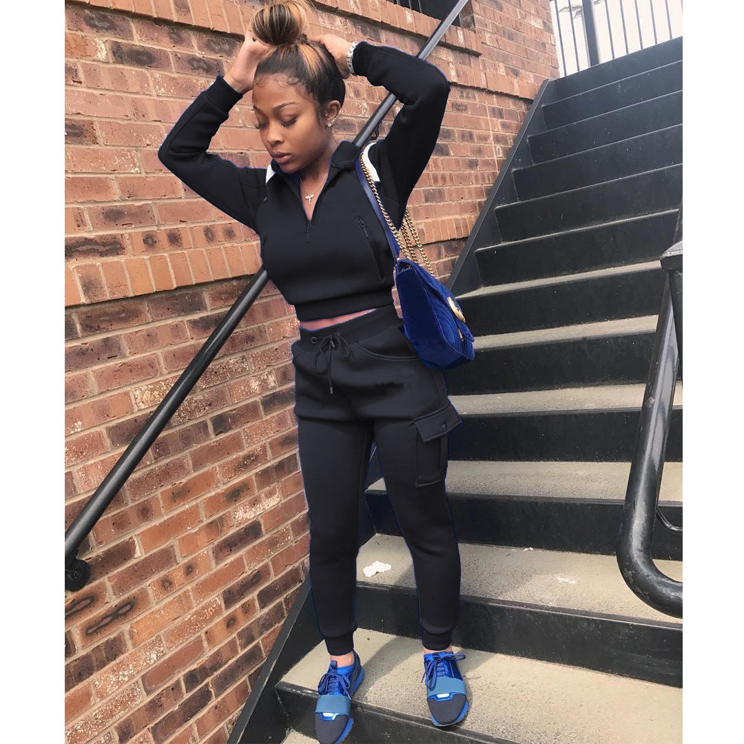 Autumn Winter Women's Color Block Hoodie Set
