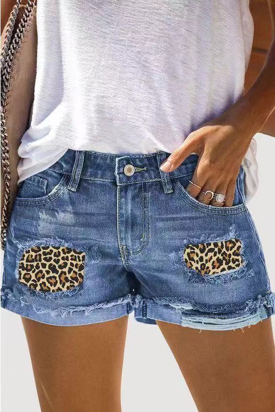 High Waist Ripped Denim Shorts with Patch Print