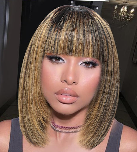 KPROYU Bob Wig With Bangs Human Hair 1B/27 Short Hair Wigs For Black Women Human Hair Glueless 8 Inch Bob Wig Human Hair Glueless 2.5X1 Inch Straight Wigs Human Hair