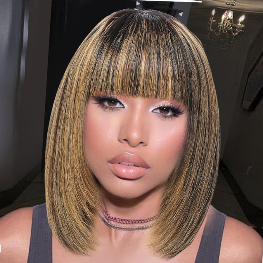 KPROYU Bob Wig With Bangs Human Hair 1B/27 Short Hair Wigs For Black Women Human Hair Glueless 8 Inch Bob Wig Human Hair Glueless 2.5X1 Inch Straight Wigs Human Hair