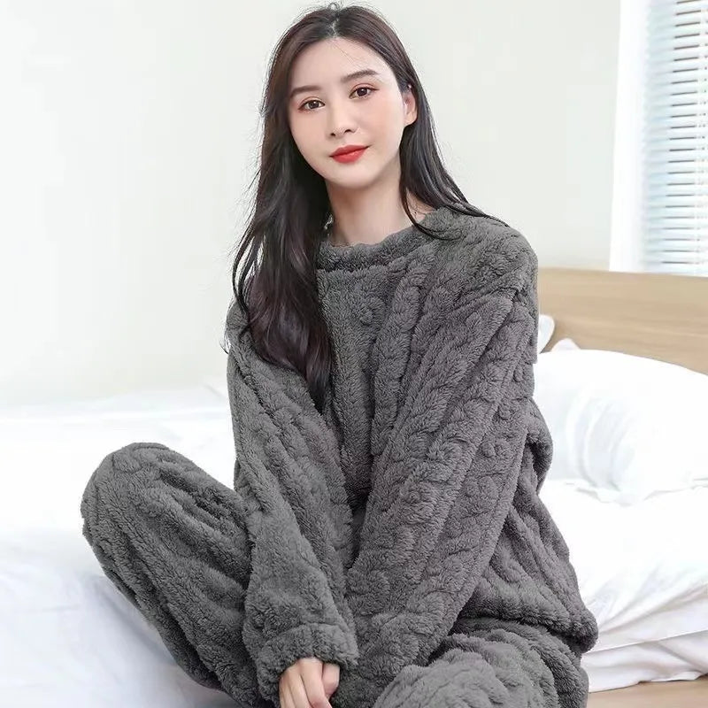 Flannel Warm Blouse And Pants Female Thickened Loungewear