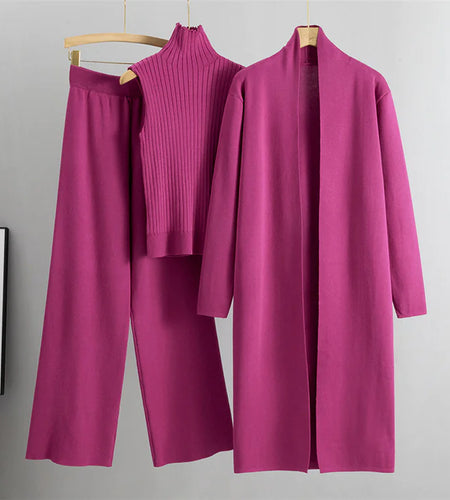 Women's 3-Piece Knit Set: Sleeveless Vest, Long Cardigan, and Wide-Leg Pants