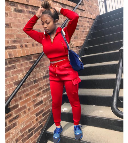 Autumn Winter Women's Color Block Hoodie Set