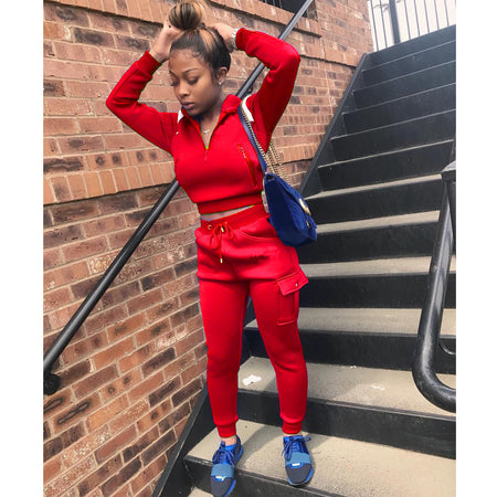 Autumn Winter Women's Color Block Hoodie Set