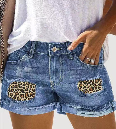 High Waist Ripped Denim Shorts with Patch Print