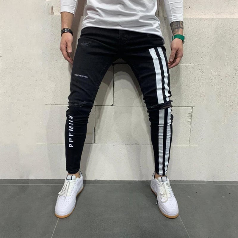 Men's Skinny Ripped Denim Pants with Patch Details