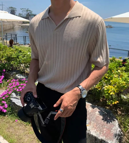 Men's Slim Fit Striped Polo – Korean Style Short Sleeve Knit