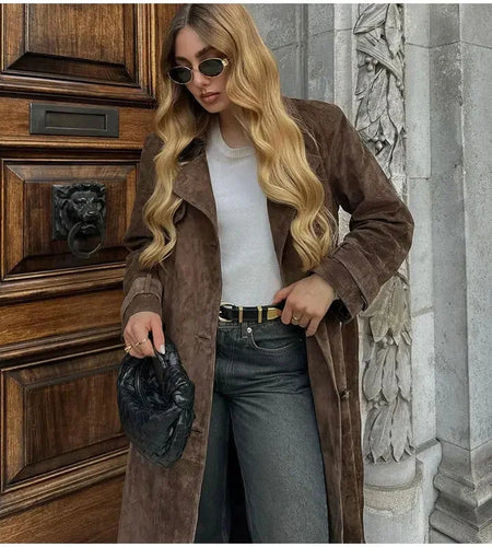 Vintage Suede Belted Long Coat