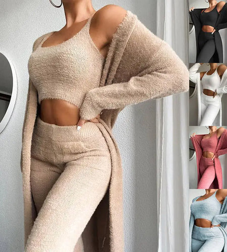 3 Pcs Womens Clothing Fashion Solid Fluffy Plain Crop Top & Skinny Pants & Longline Coat Set Warm Cozy Suit Sets