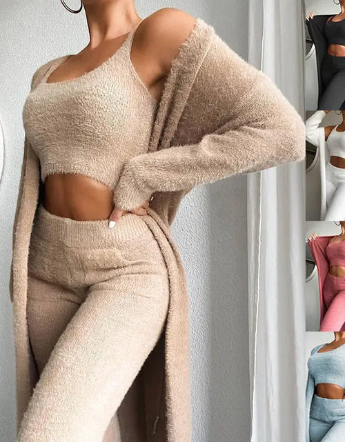 Load image into Gallery viewer, 3 Pcs Womens Clothing Fashion Solid Fluffy Plain Crop Top &amp; Skinny Pants &amp; Longline Coat Set Warm Cozy Suit Sets
