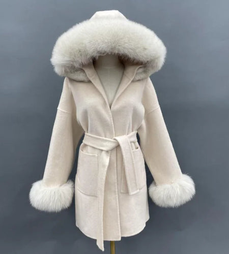 Fur Collar Hood Woolen Coat