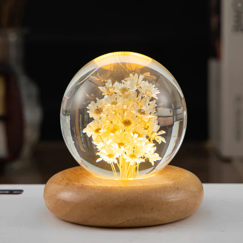 LED Flower Crystal Ball Night Light with Wooden Base