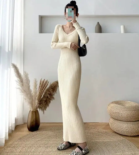 V-neck Knitted Dress Women's Slim Bottoming Shirt