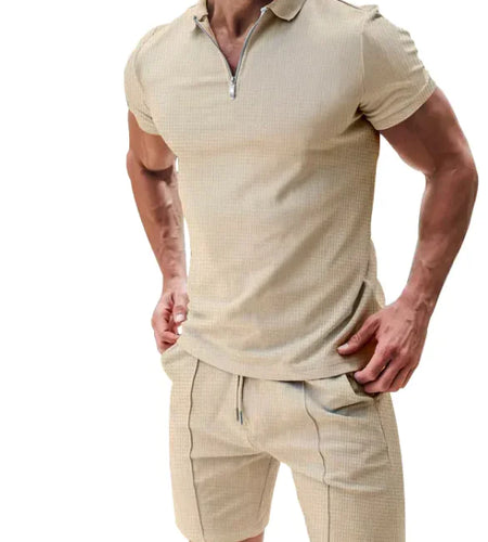 Men's 2-Piece Waffle Zip Polo & Drawstring Shorts Set