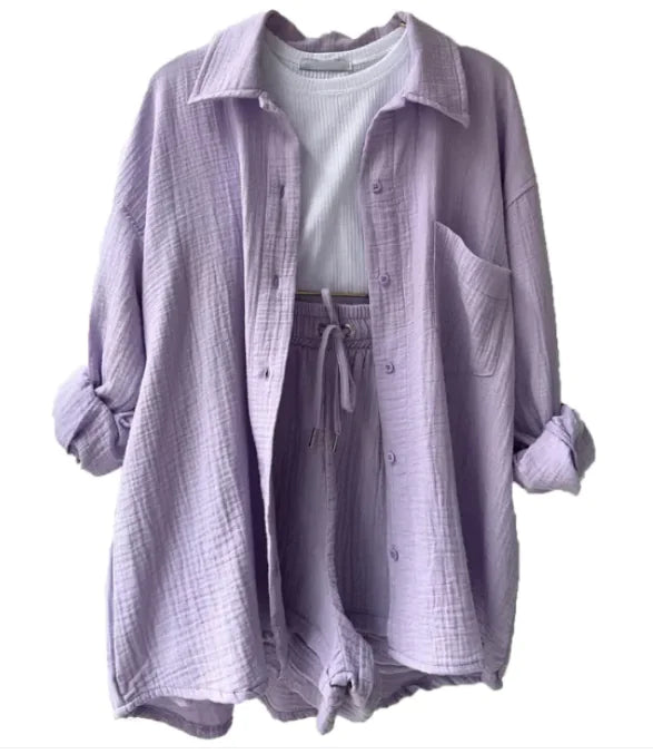 Women's Wrinkled Fabric Shirt & Shorts Set