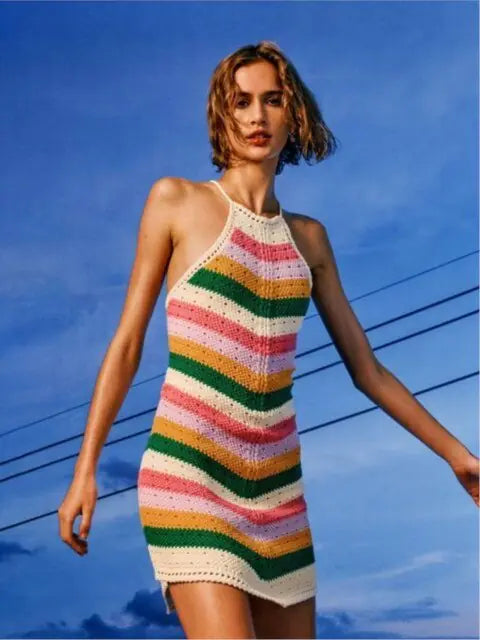 Rainbow Stripe Hollow Out Mini Dress