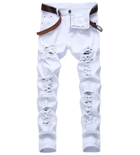 White Staight Jeans RIipped Distressed Jeans