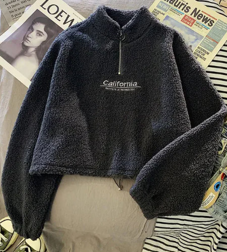 Cut Waist Sweater Lamb Velvet Coat Thick Embroidered California Letters