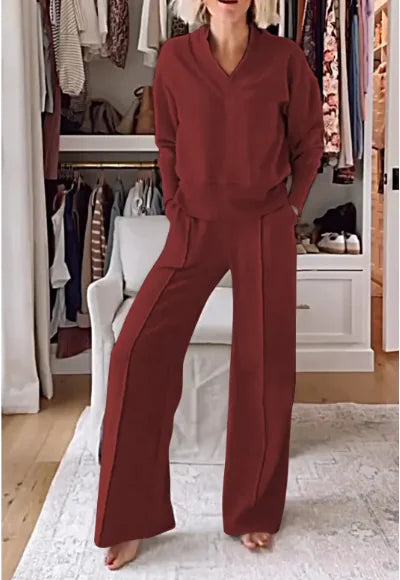 Load image into Gallery viewer, V-neck Long Sleeve Loose Top Wide Leg Pants Two-piece Set
