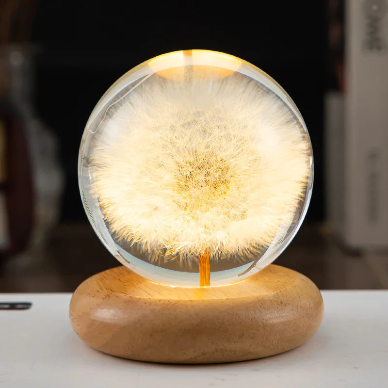 LED Flower Crystal Ball Night Light with Wooden Base