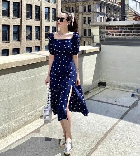 Square neck Polka Dots Slit Dress