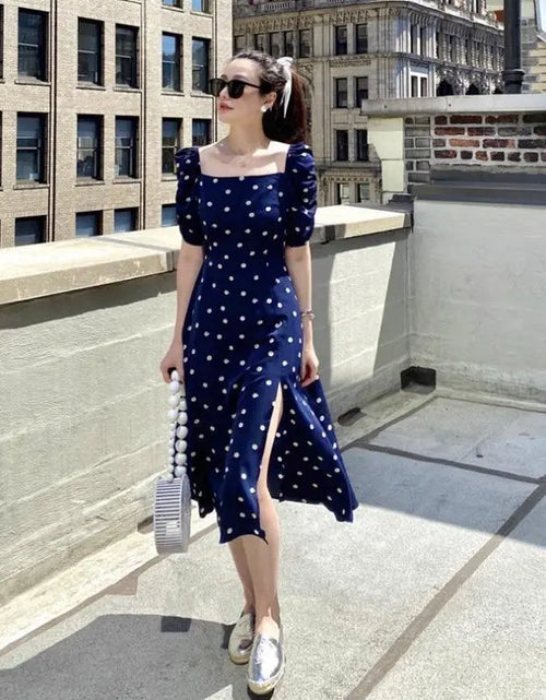 Load image into Gallery viewer, Square neck Polka Dots Slit Dress
