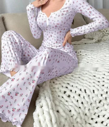 Load image into Gallery viewer, Floral Print Lettuce Edge Lace Collar Button Pajamas
