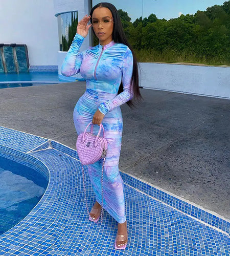Autumn Digital Print Long Sleeve Bodycon Dress for Women