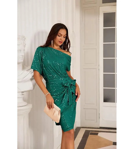 Women's Fashion Shoulder Asymmetric Lace-up Beaded Dress