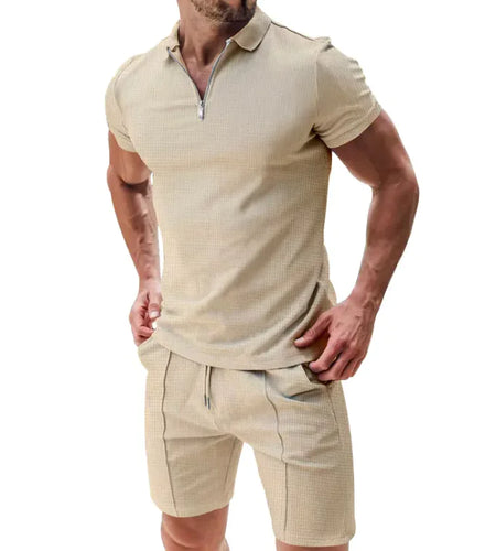 Men's 2-Piece Waffle Zip Polo & Drawstring Shorts Set