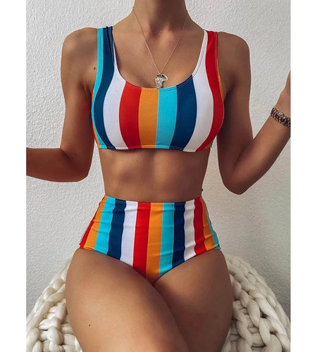 High Waist Striped Swinsuit