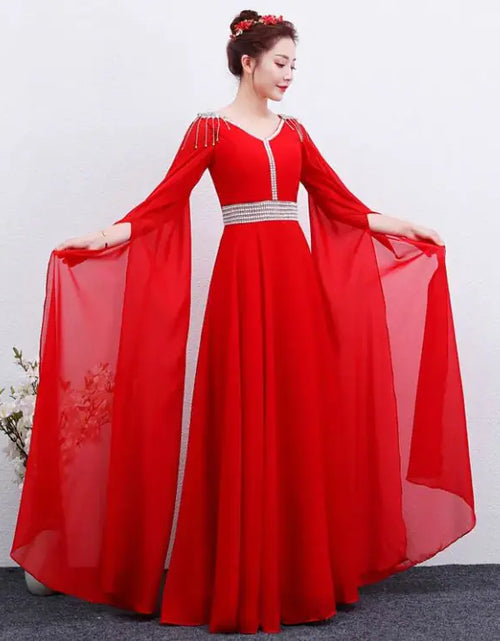 Load image into Gallery viewer, The Red Long Guzheng Performance Dress Is Elegant And Slim
