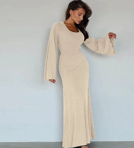 Fashion U-neck Dress Back Lace-up Long Bell Sleeve Dresses Women