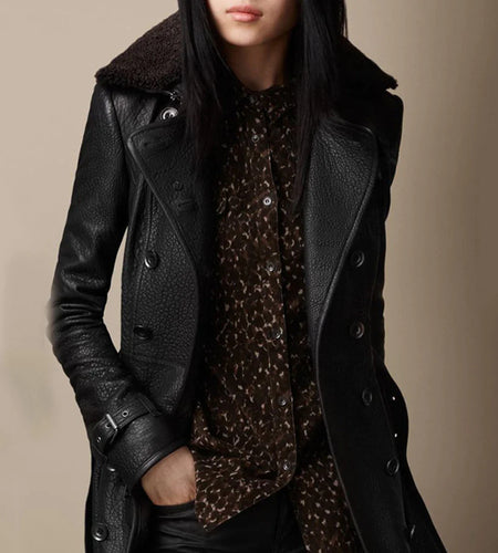 Slim-Fit Faux Leather Double-Breasted Coat