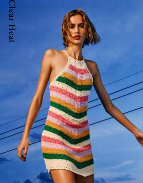 Load image into Gallery viewer, Rainbow Stripe Hollow Out Mini Dress
