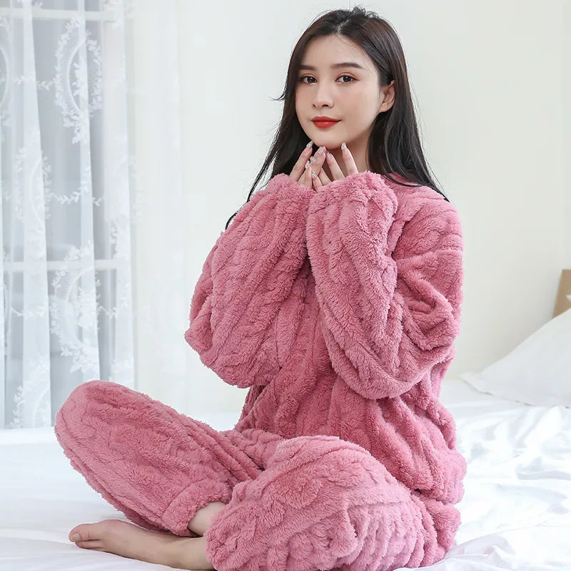 Flannel Warm Blouse And Pants Female Thickened Loungewear