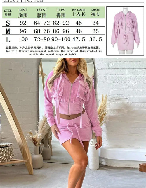 Load image into Gallery viewer, (Free Shipping)(Tariffs included in price) Velvet Pink Hooded Crop Jacket + Mini Skirt 2 Piece Set
