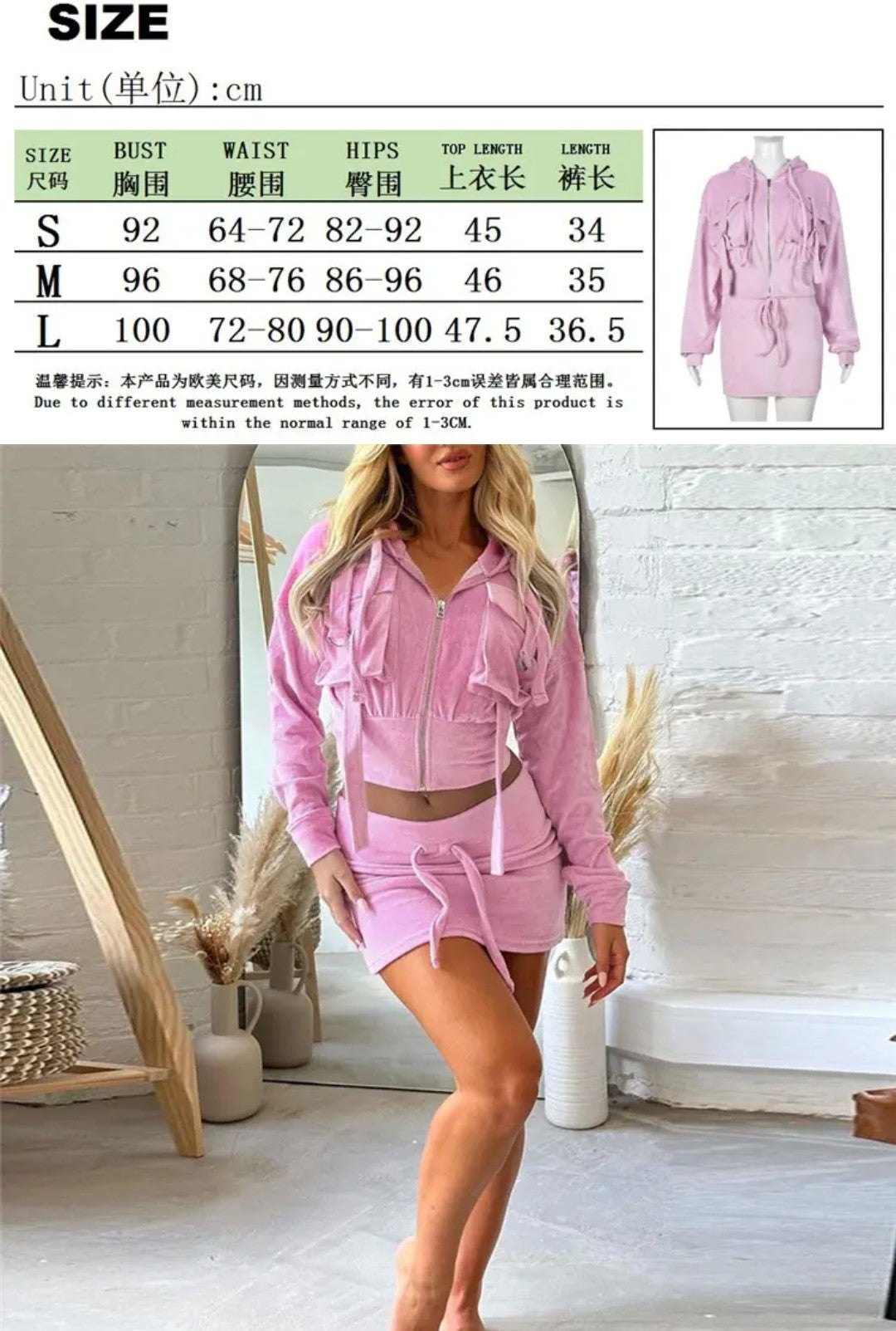 (Free Shipping)(Tariffs included in price) Velvet Pink Hooded Crop Jacket + Mini Skirt 2 Piece Set