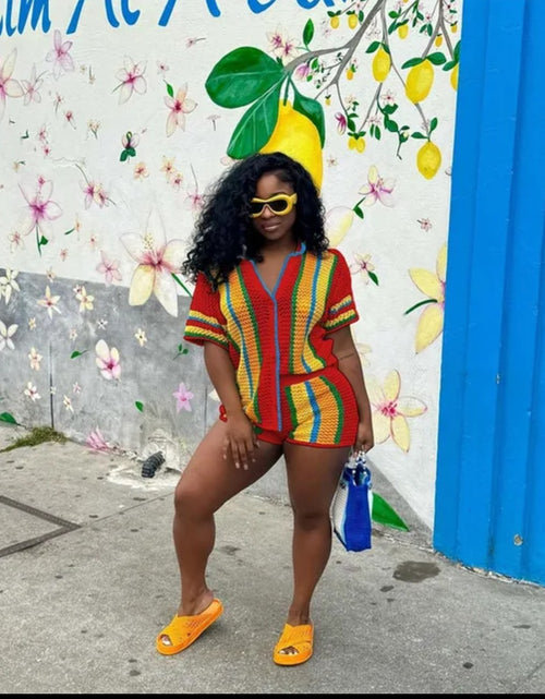 Load image into Gallery viewer, (Free Shipping)(Tariffs included in price) Women's Set Striped Knitted Short Sleeve Button Shirt and Shorts
